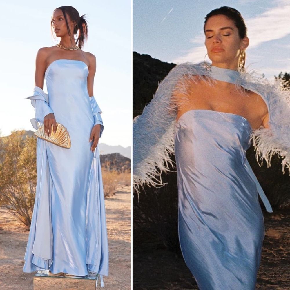 Cult Gaia Perla Gown Strapless Taffeta Maxi Dress Ice Blue Satin Size 12